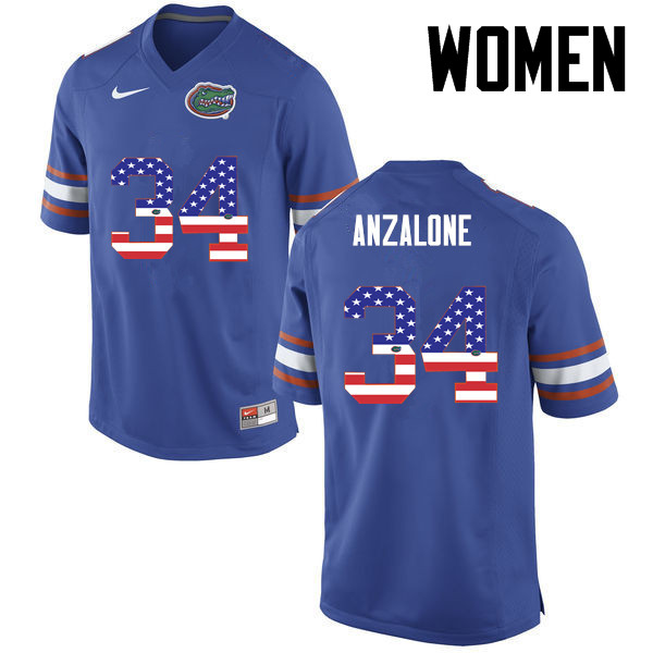 Women Florida Gators #34 Alex Anzalone College Football USA Flag Fashion Jerseys-Blue